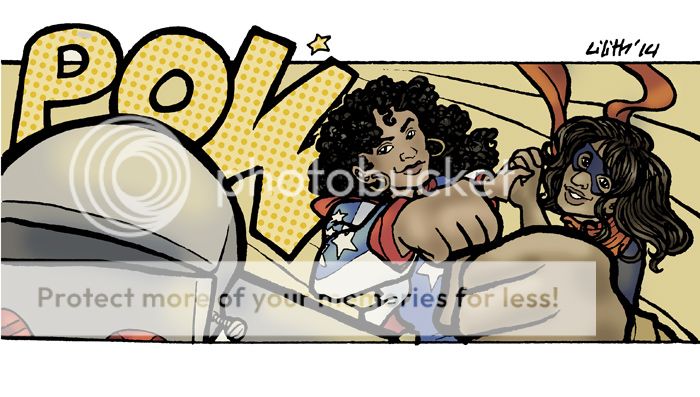 a single, full-color comic panel showing Miss America Chavez and Ms. Marvel holding hands and simultaneously punching out a robot, visible in the extreme foreground. POW!
