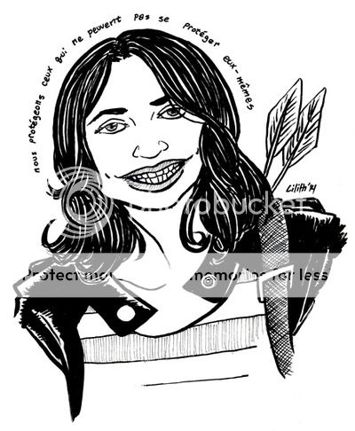 a black& white bust portrait of Allison Argent with a broad smile, arrows at her back, and her reworked family motto circling her head like a halo