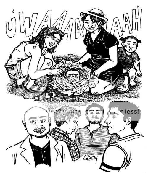 Two-part image. Above, Talia Hale and another woman crouch in the dirt to pull apart the leaves of a cabbage, revealing baby!Derek's wailing head, while toddler!Laura looks on. Below, Deaton smiles reminiscently as Scott and Stiles regard him with shock, while Derek looks on smugly.