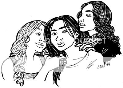 An uneasy Emily Fields is flanked by Alison DiLaurentis, who is running her fingers through Emily's hair and tilting her head close, and Spencer Hastings, who has a hand on Emily's shoulder and is watching Alison intently