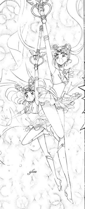 Sailor Moon & ChibiMoon leap through the air, weapons held aloft