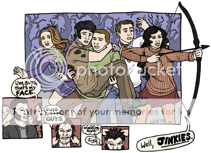An image of Lydia, Scott, Stiles, Jackson and Allison dressed as freaked-out Scooby Doo characters, with small panels depicting Stiles and Allison tugging at an exasperated Derek's face as though it is a mask they can remove.