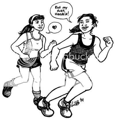 Beth Childs & Alison Hendrix jogging; Beth in front, calling back 'Eat my dust, Hendrix!' while Alison responds with a heart