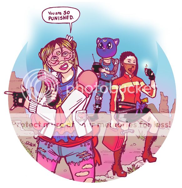 Sailor Moon, Mars and Mercury, dressed in brightly-colored Fabulous Killjoys costumes inspired by their original designs, pose in a crescent-moon-shaped slice of desert. Usagi, in her famous pose (but with a raygun in the pointing hand) says 'You are SO PUNISHED.'