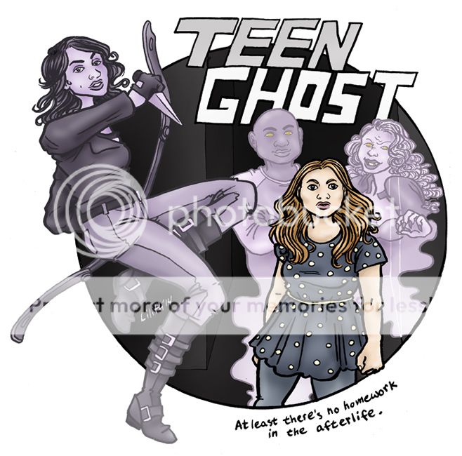 ghostly-purple Allison Argent hovers, brandishing a knife & her bow. in the background, in a round cut-out, Lydia Martin poses dramatically with the smirking ghosts of Vernon Boyd and Erica Reyes hovering behind her, all framed by a dark alleyway and the title 'Teen Ghost' above their heads