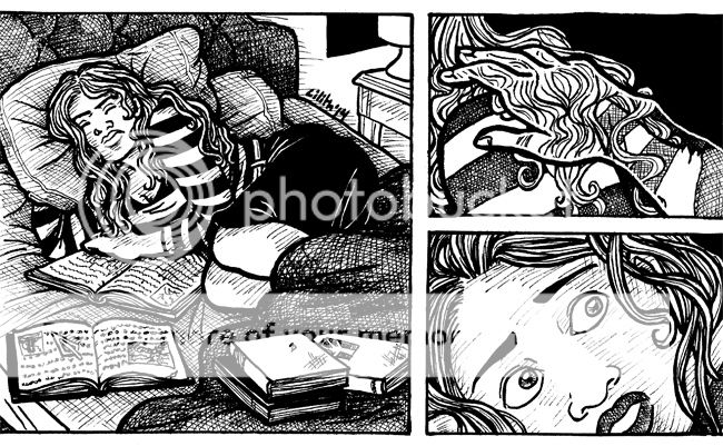 Lydia is curled up asleep in her bed, surrounded by books. A ghostly hand reaches towards her shoulder, and her eyes snap open.