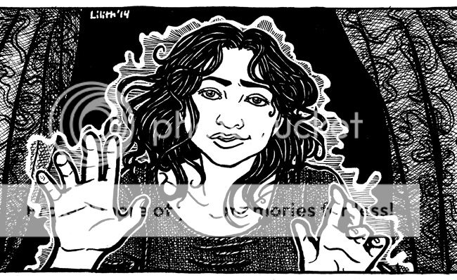 Allison Argent's smiling ghost hovers in front of a nighttime window, her hands outstretched.
