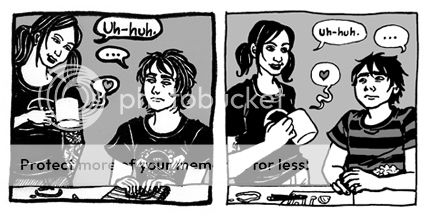 two versions of the same comic panel panel, in which Lindsey Way peers into a coffee cup saying 'Uh-huh,' a seated Gerard Way looks up nervously all '...' and the coffee cup goes '<3'