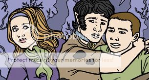 cropped image of a suspiciously-dressed Lydia, Scott and Stiles